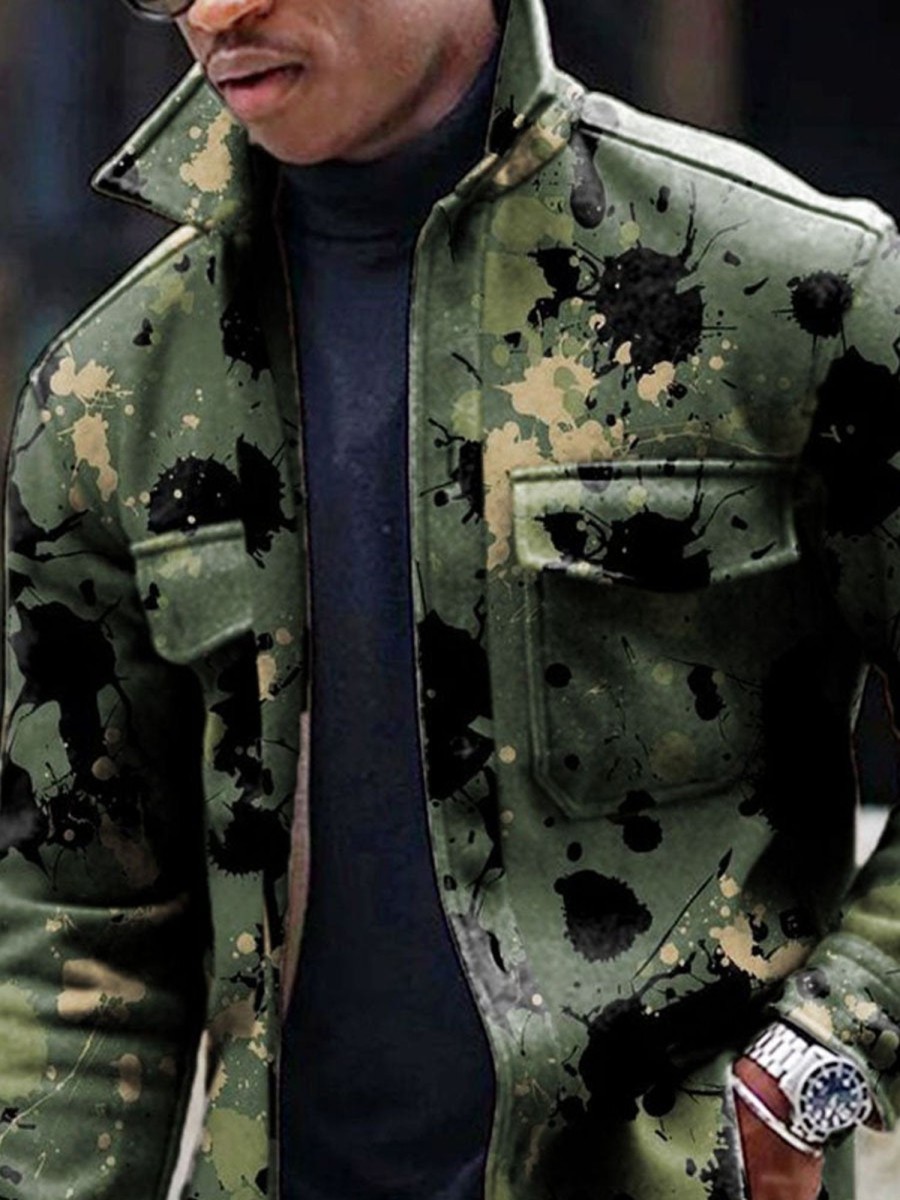 Men DJ Print Jacket | Vintage Graffiti Print Corduroy Double Pocket Lapel Jacket Army Green