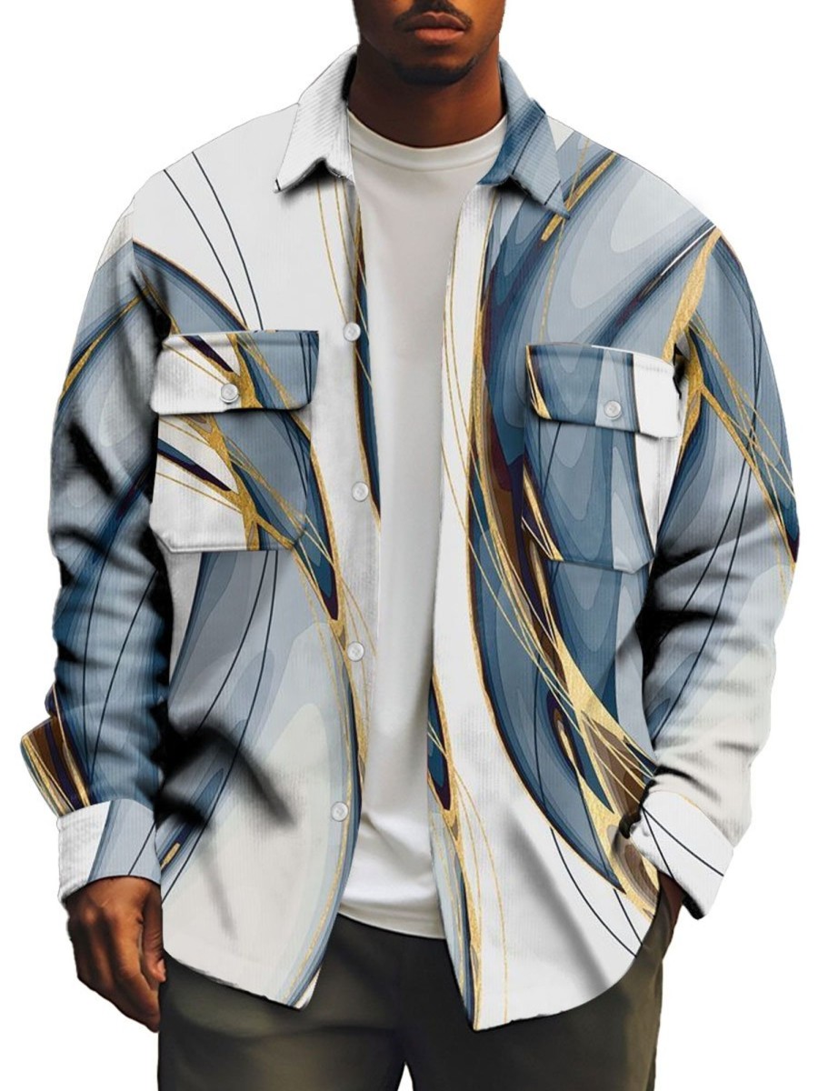 Men BXL Print Jacket | Men'S Casual Foil Stamped Marble Print Double Pocket Corduroy Jacket 60064942Xl Blue