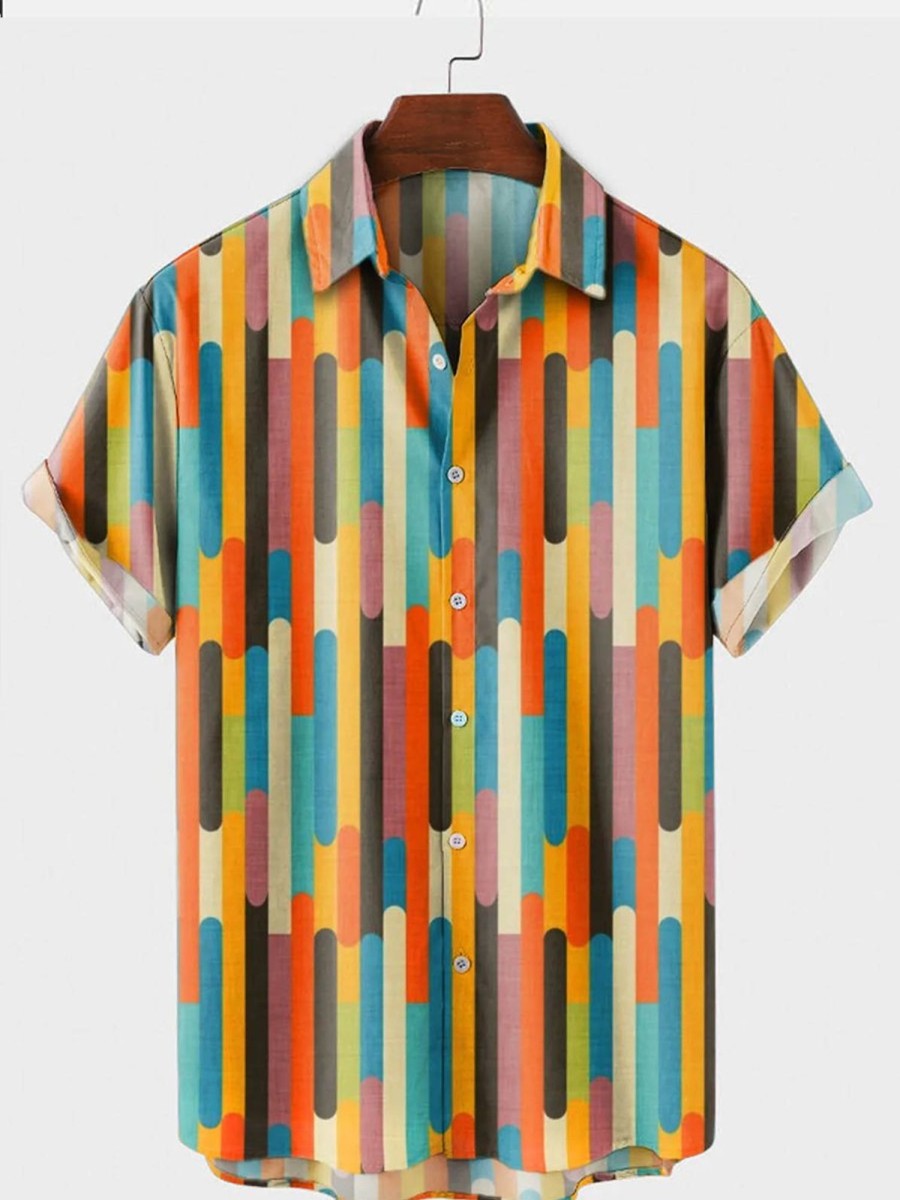 Men HLJ Shirts | Vintage Color Block Popsicle Stick Short Sleeve Shirt Orange