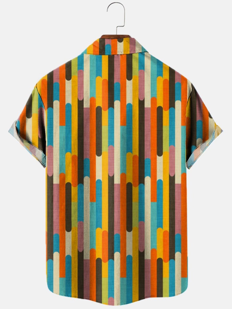 Men HLJ Shirts | Vintage Color Block Popsicle Stick Short Sleeve Shirt Orange