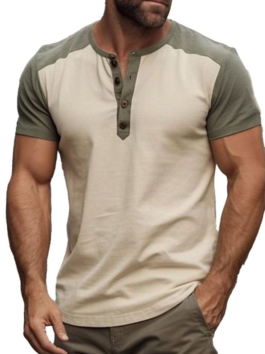 Men DJ Casual Short Sleeve Shirts | Half Open Collar Contrasting Color Splicing Casual Versatile Short-Sleeved T-Shirt Beige