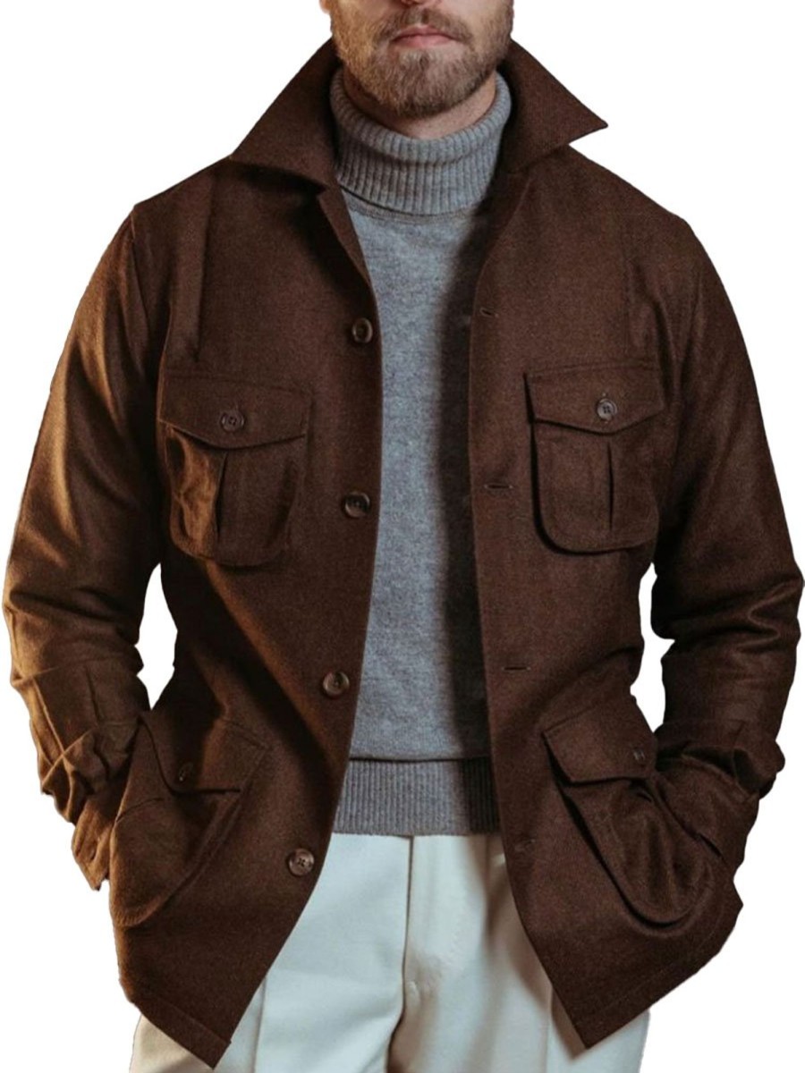 Men BXL Jacket | Retro Solid Color Wool Multi-Pocket Single-Breasted Casual Jacket Brown