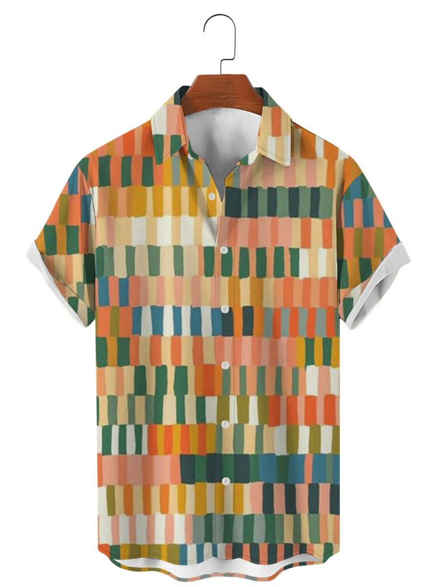 Men DJ Shirts | Men'S Vintage Colorblock Print Casual Short Sleeve Shirt Orange