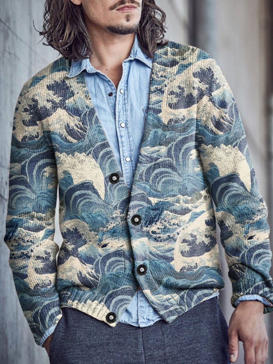 Men DJ Print Cardigan | Retro Ukiyoe Wave Print V-Neck Knitted Cardigan Photo Color