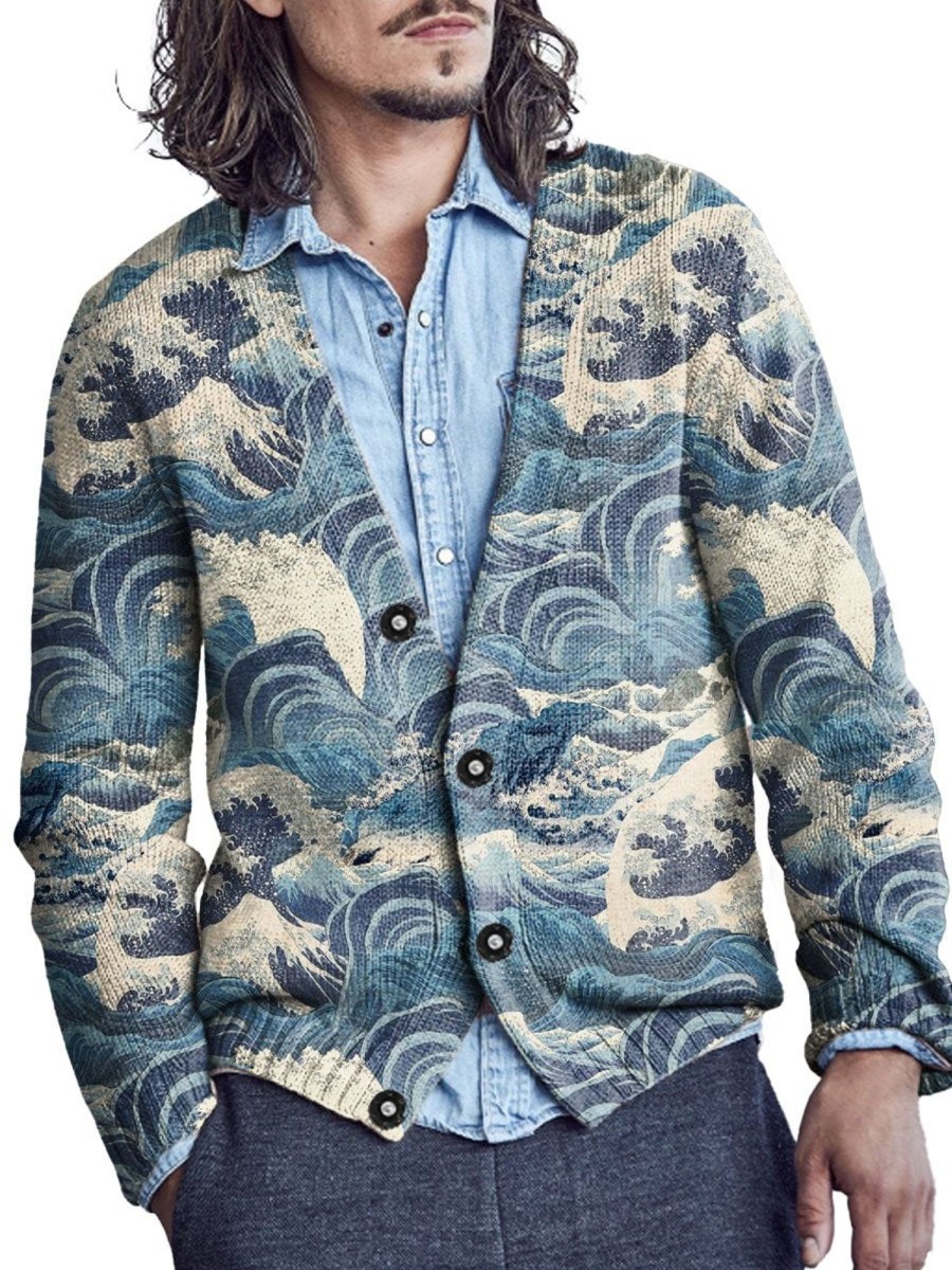 Men DJ Print Cardigan | Retro Ukiyoe Wave Print V-Neck Knitted Cardigan Photo Color