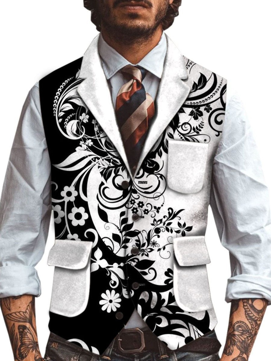 Men DJ Vest | Black And White Printed Three-Pocket Lapel Casual Vest Photo Color