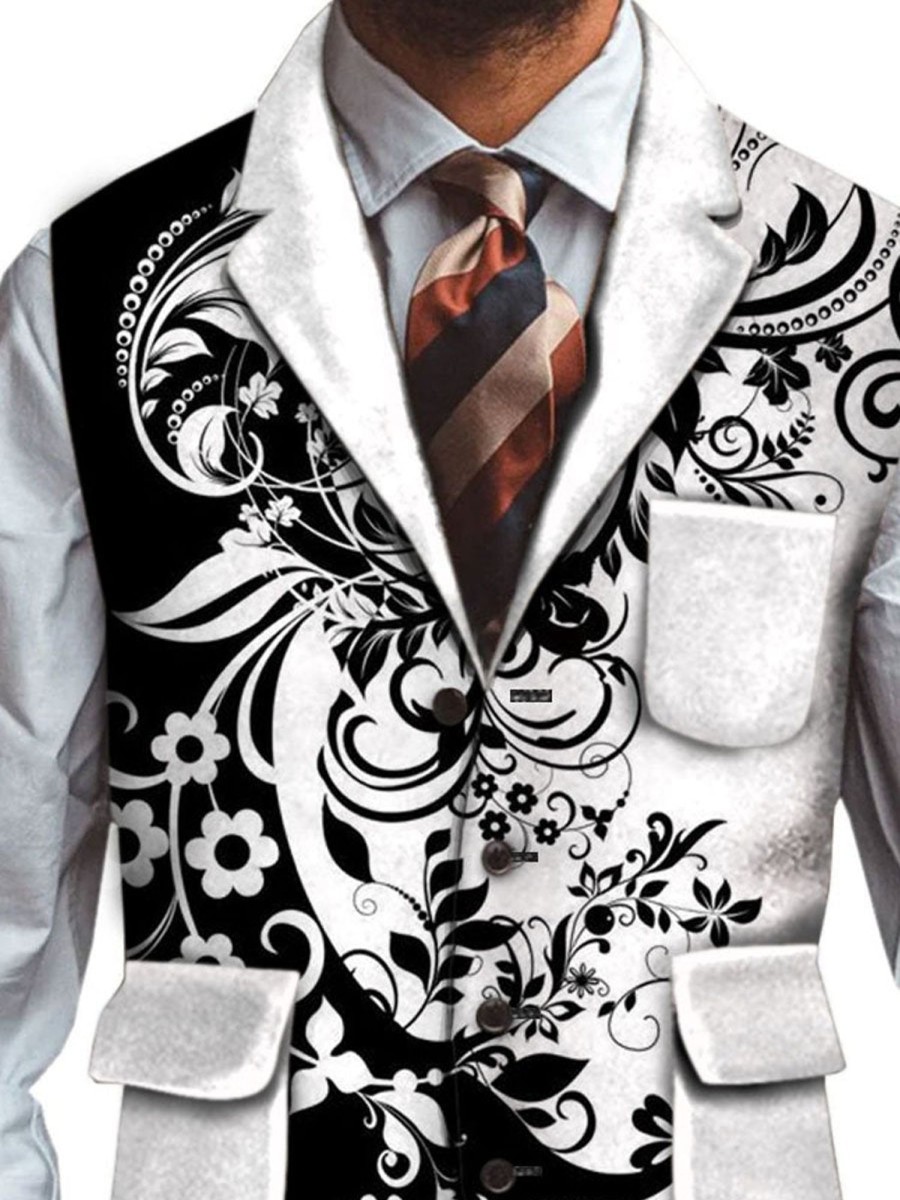 Men DJ Vest | Black And White Printed Three-Pocket Lapel Casual Vest Photo Color