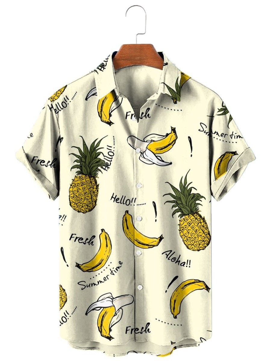 Men HLJ Shirts | Men'S Pineapple And Banana Casual Short Sleeve Shirt Light Yellow