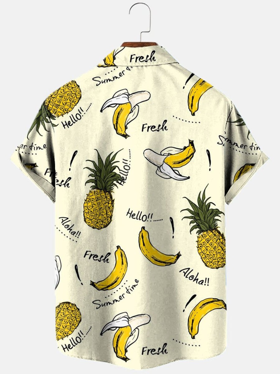 Men HLJ Shirts | Men'S Pineapple And Banana Casual Short Sleeve Shirt Light Yellow