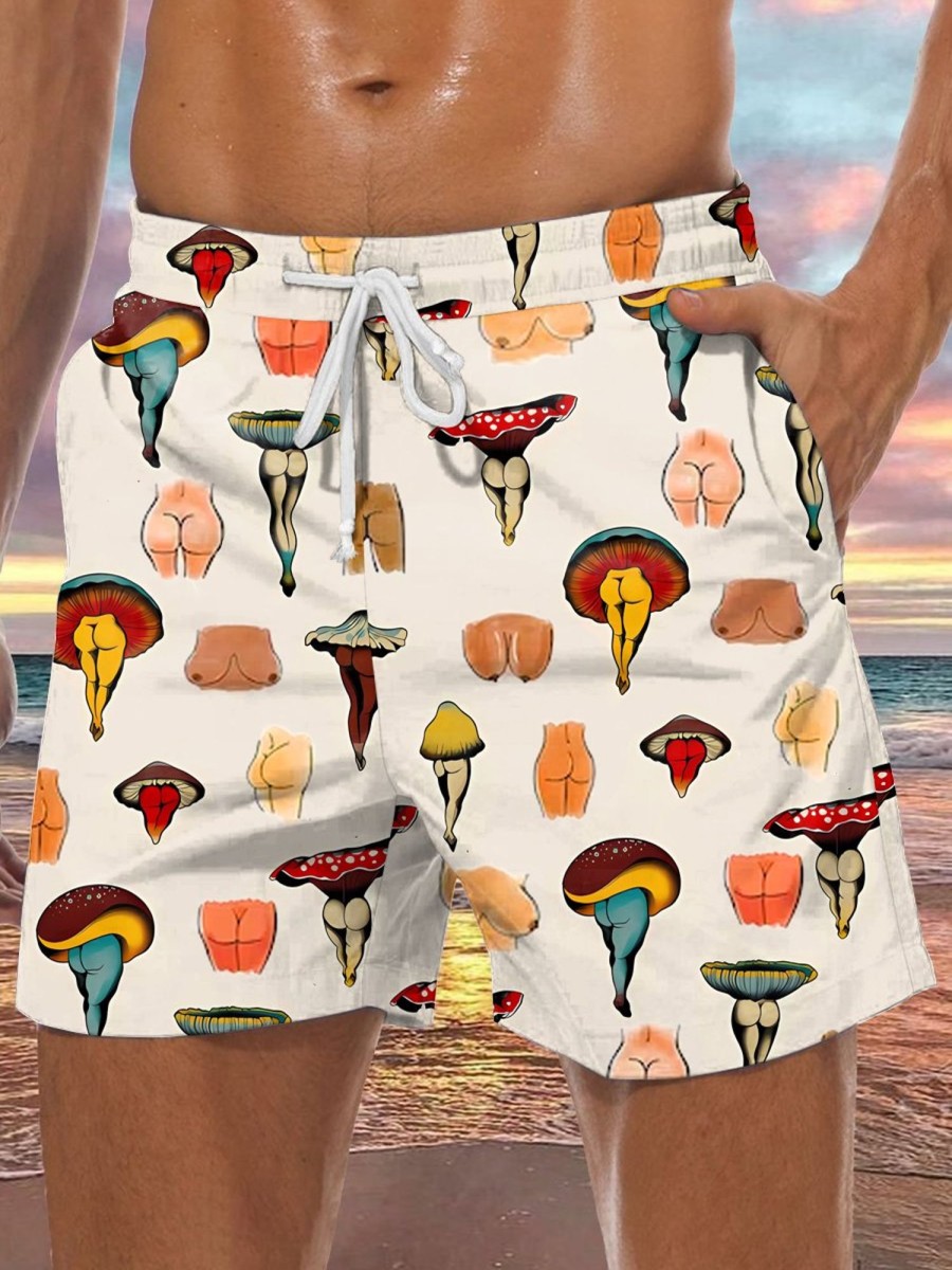 Men DJ Shorts | Fun Mushroom And Boobs And Butt Print Pocket Tie Track Shorts Khaki