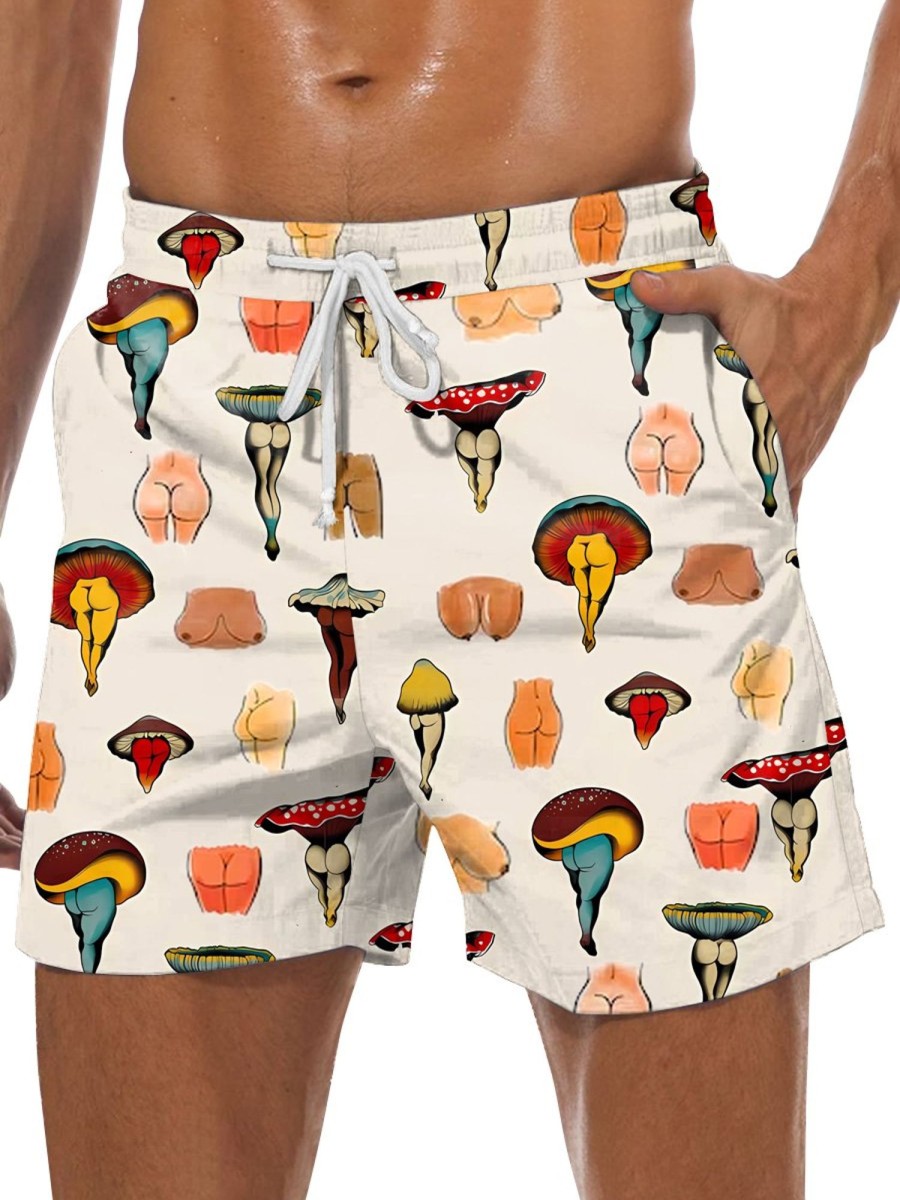 Men DJ Shorts | Fun Mushroom And Boobs And Butt Print Pocket Tie Track Shorts Khaki