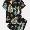 Men HLJ Set | Hawaiian Mermaid Print Button Pocket Two-Piece Set Black