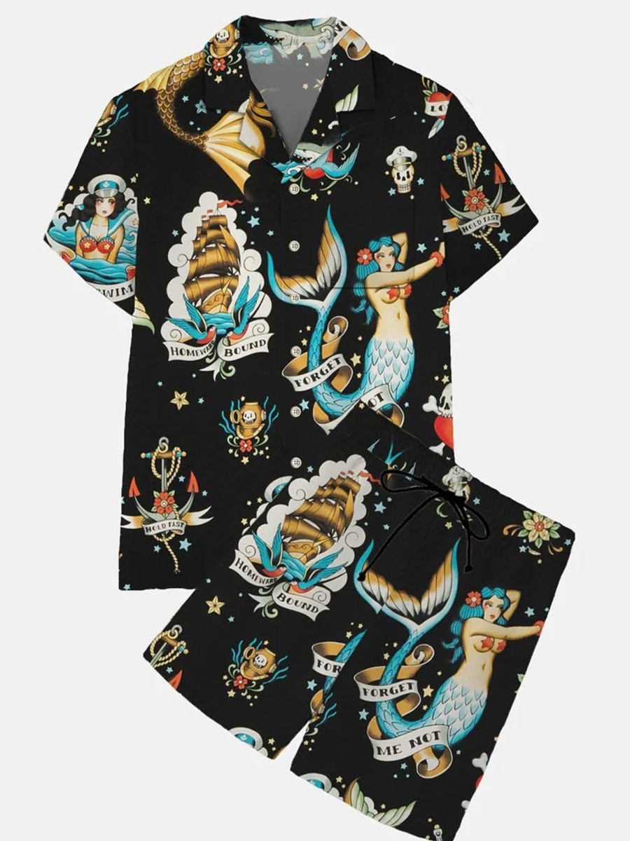 Men HLJ Set | Hawaiian Mermaid Print Button Pocket Two-Piece Set Black