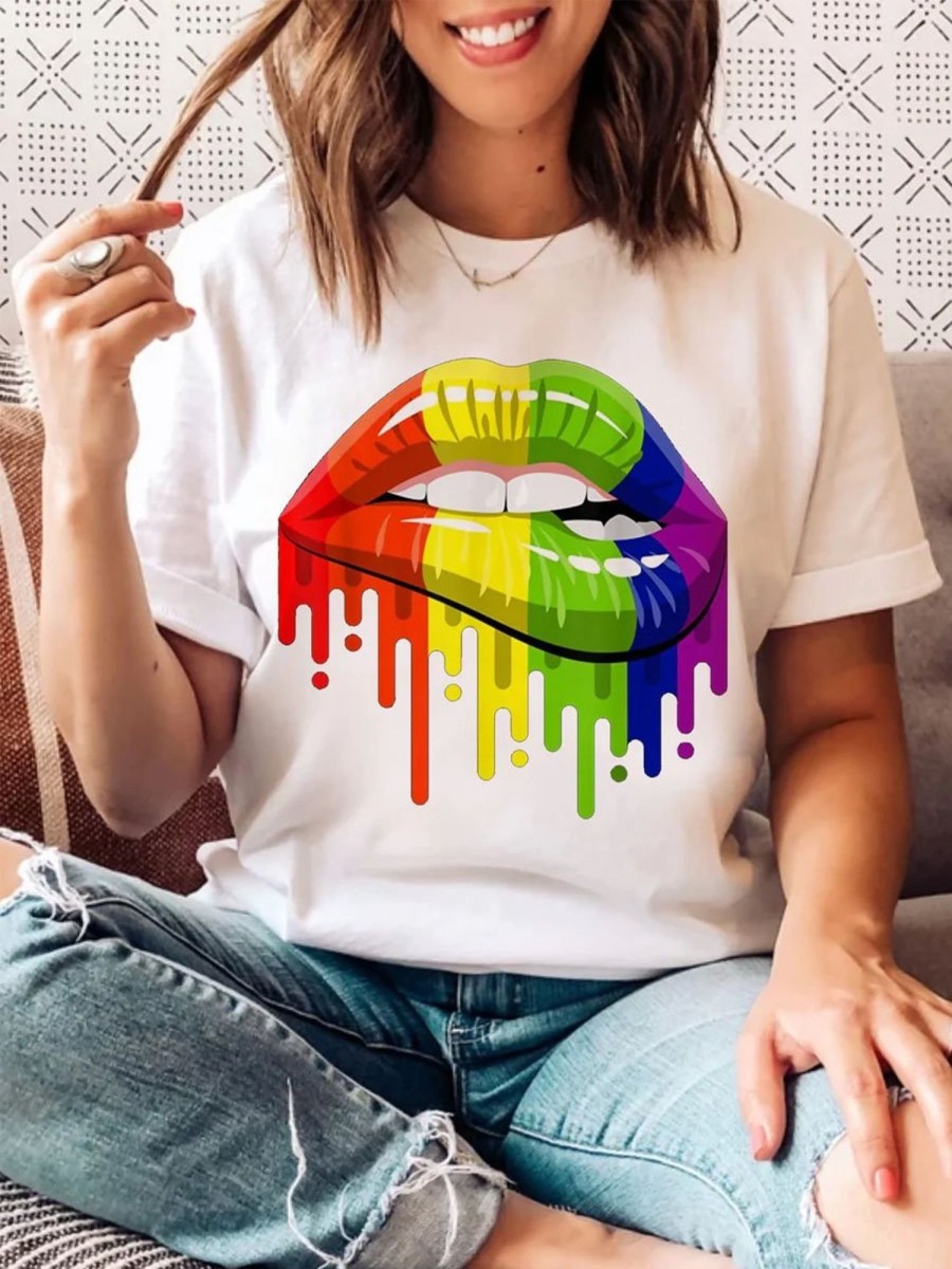 Women DJ | Rainbow Lips Print Round Neck Short Sleeve T-Shirt