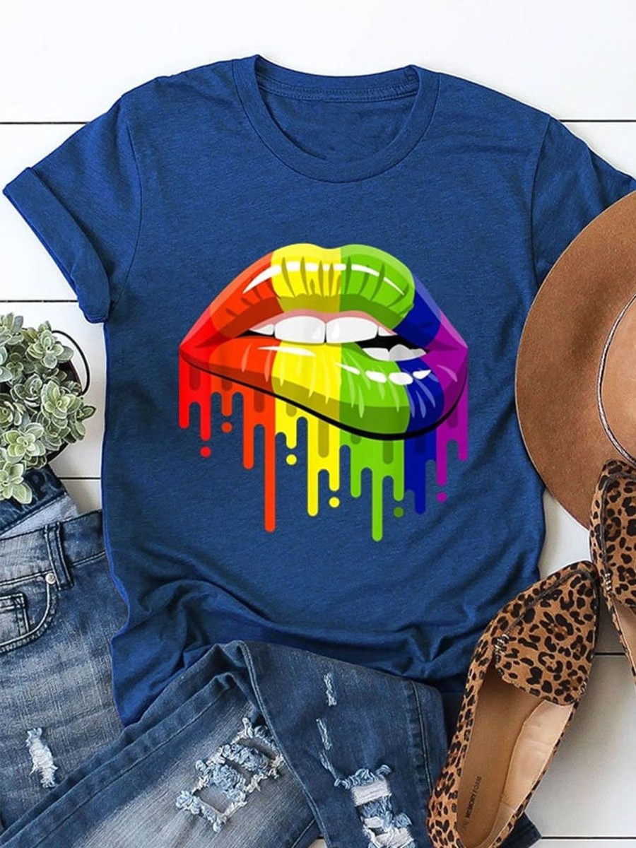 Women DJ | Rainbow Lips Print Round Neck Short Sleeve T-Shirt