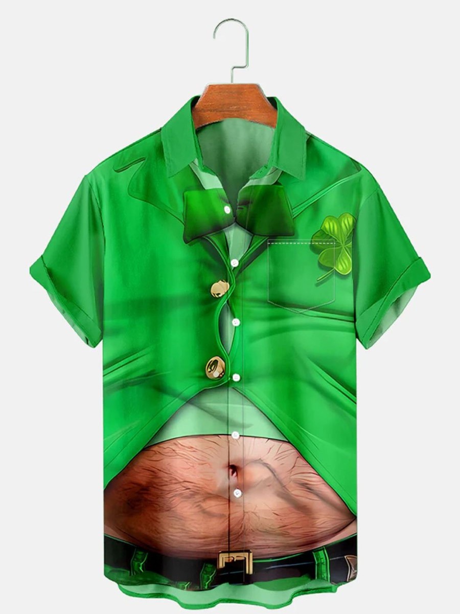 Men DJ Shirts | St. Patrick'S Day Printed Casual Pocket Short Sleeve Shirt Green