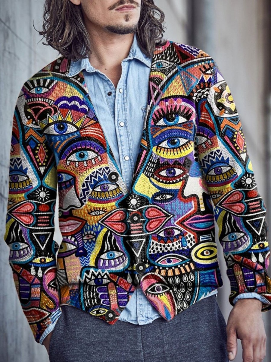 Men DJ Print Cardigan | Colorful Abstract Art Eye Print V-Neck Knitted Cardigan Photo Color