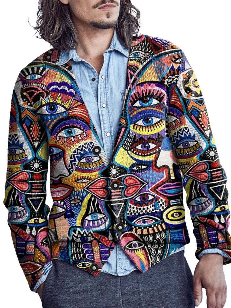 Men DJ Print Cardigan | Colorful Abstract Art Eye Print V-Neck Knitted Cardigan Photo Color