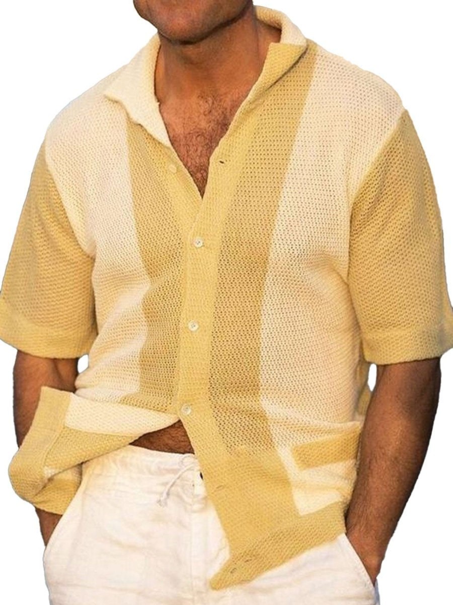 Men DJ Casual Shirts | Contrast Lapel Single-Breasted Casual Knitted Short-Sleeved Shirt Yellow