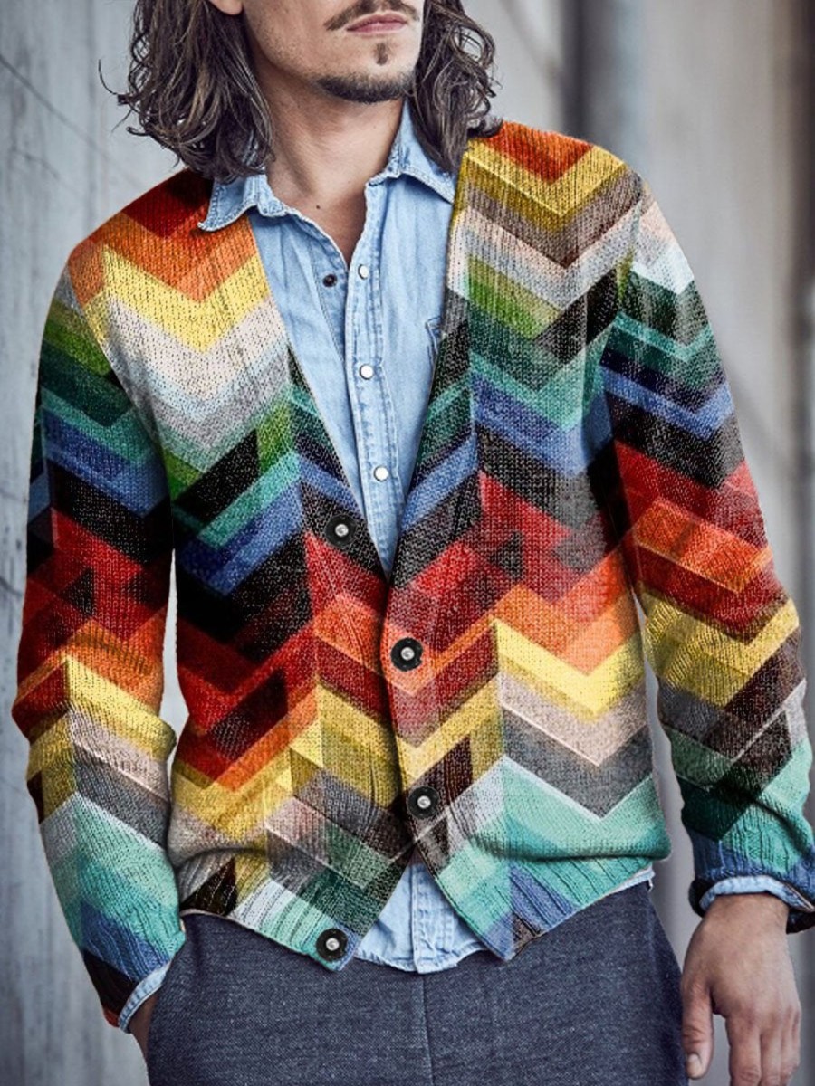 Men DJ Print Cardigan | Retro Rainbow Geometric Print V-Neck Knitted Cardigan Photo Color