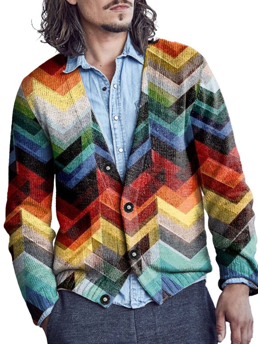 Men DJ Print Cardigan | Retro Rainbow Geometric Print V-Neck Knitted Cardigan Photo Color