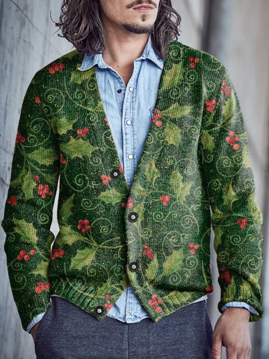 Men BXL Print Cardigan | Men'S Casual Festive Red Fruit Sweater Button-Up Cardigan Green