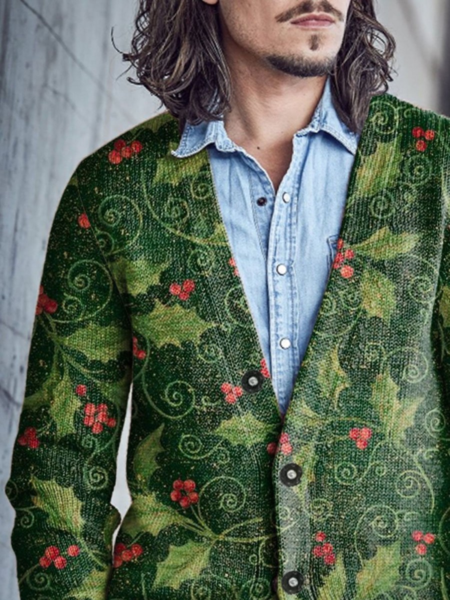 Men BXL Print Cardigan | Men'S Casual Festive Red Fruit Sweater Button-Up Cardigan Green