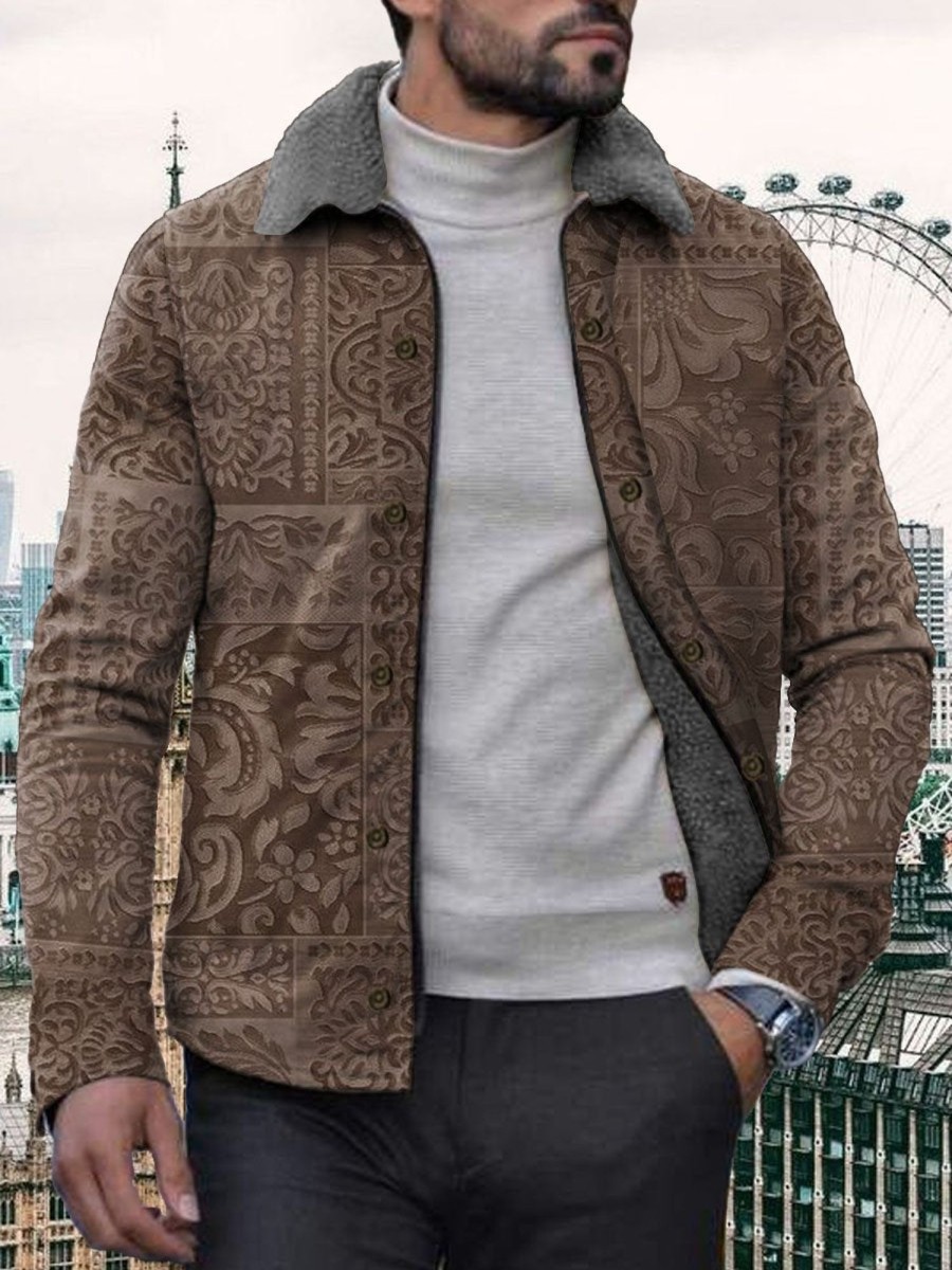 Men DJ Jacket | Retro Printed Fleece Warm Lapel Jacket Brown