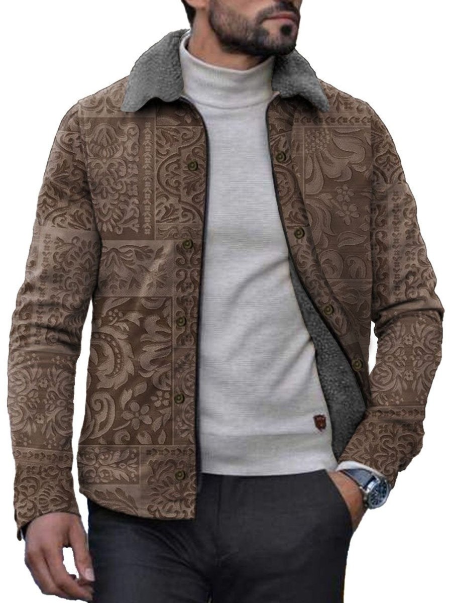 Men DJ Jacket | Retro Printed Fleece Warm Lapel Jacket Brown