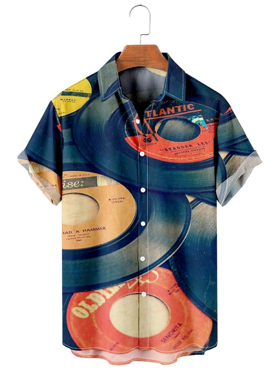 Men HLJ Shirts | Men'S Rock Music 45'S Vintage Old Vinyl Record Print Short Sleeve Shirt Blue