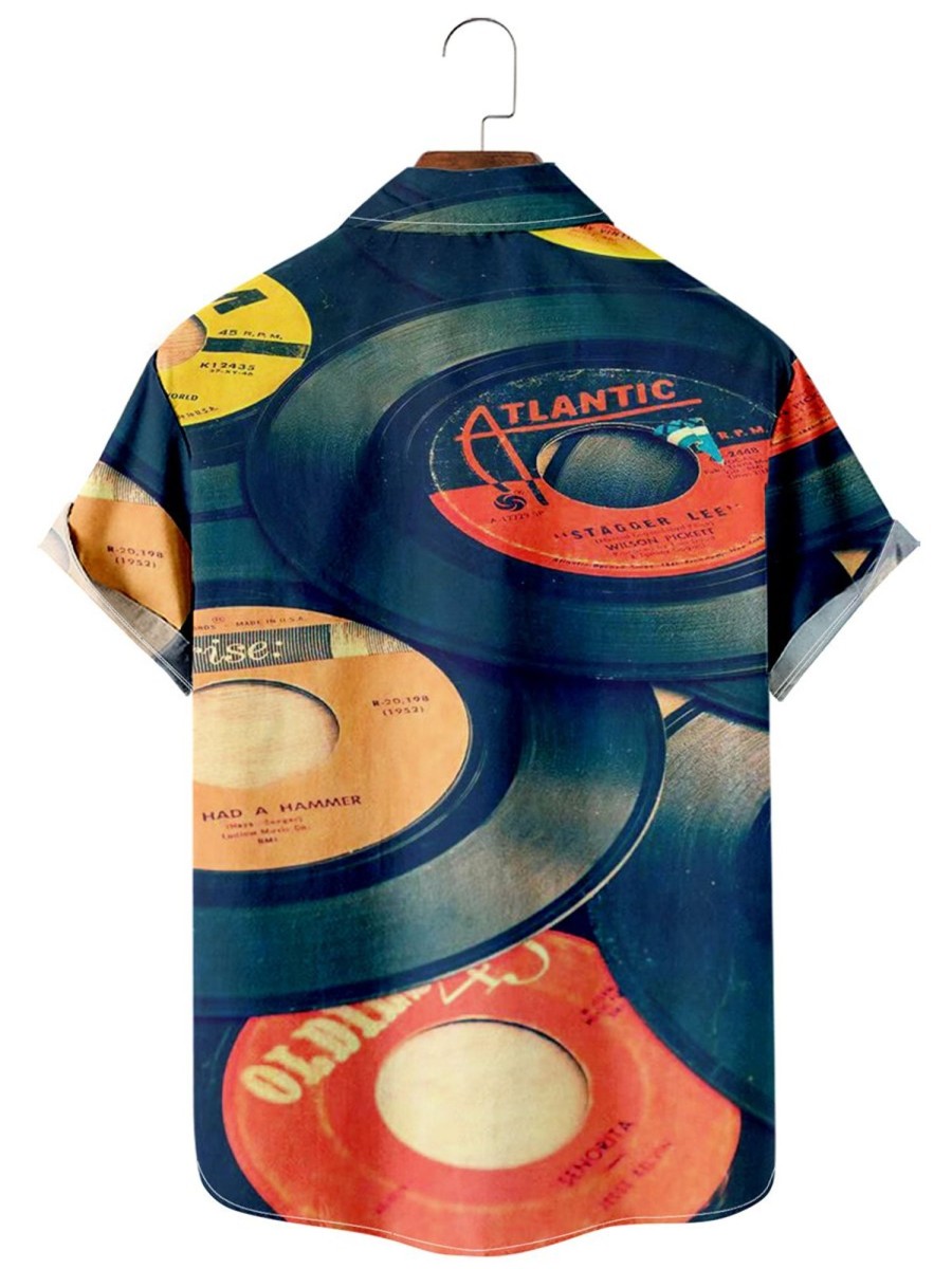 Men HLJ Shirts | Men'S Rock Music 45'S Vintage Old Vinyl Record Print Short Sleeve Shirt Blue