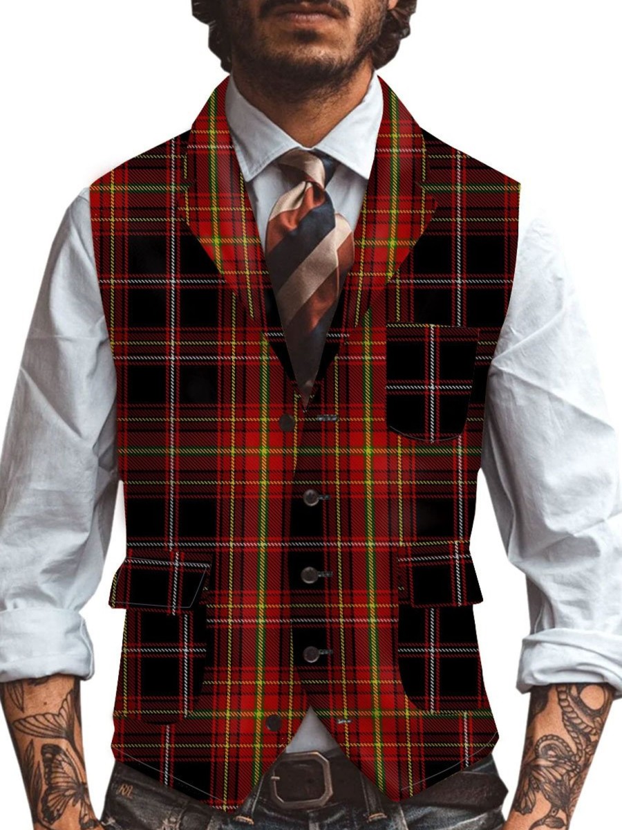 Men BXL Vest | Men'S Multi-Pocket Woolen Colorful Plaid Printed Casual Vest Photo Color