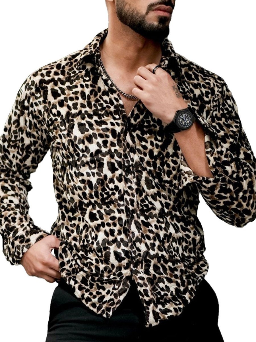 Men QMY Casual Shirts | Velvet Long-Sleeved Shirt Leopard Print