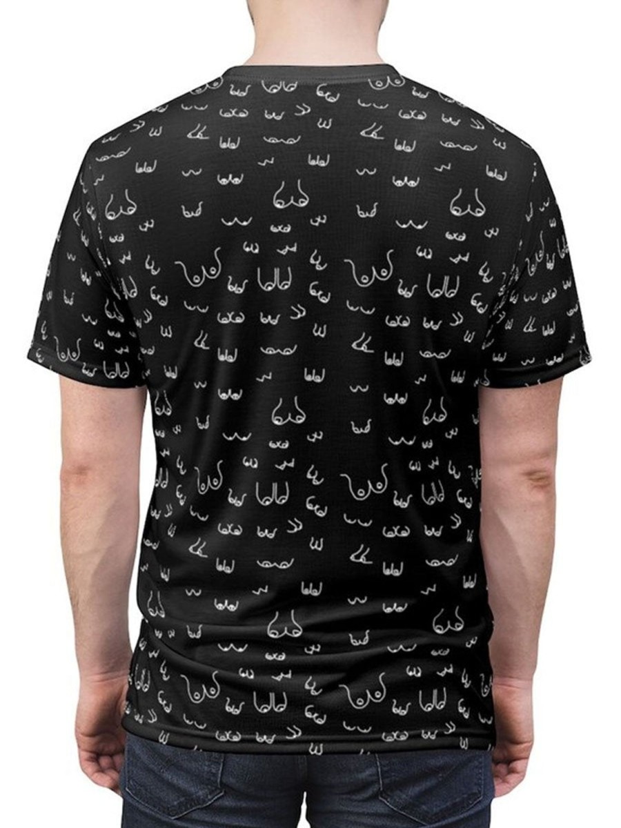 Men DJ T-Shirts | Fun And White Boobs Print Round Neck Short Sleeve T-Shirt Black