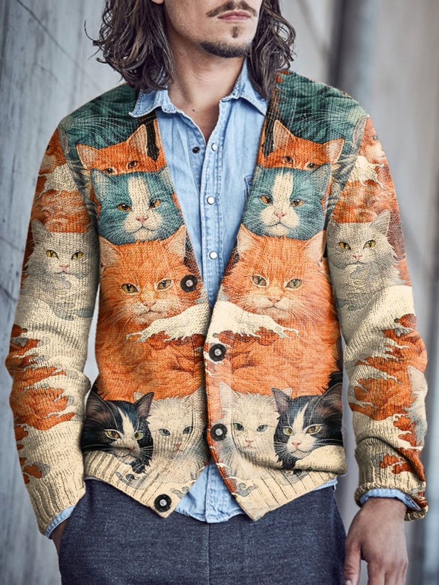 Men BXL Print Cardigan | Men'S Casual Rescue Animal Art Painted Knitted V-Neck Cardigan Photo Color