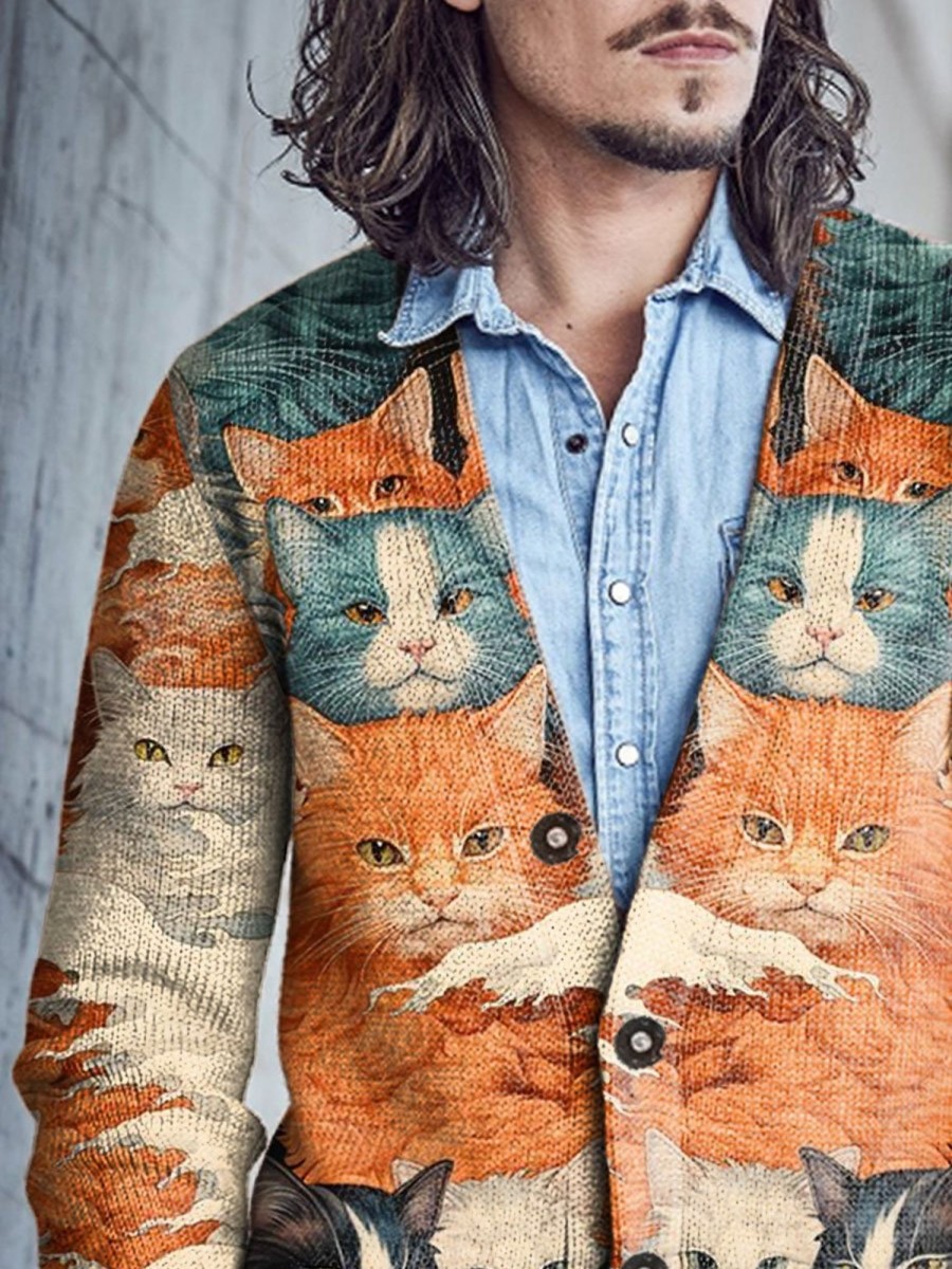 Men BXL Print Cardigan | Men'S Casual Rescue Animal Art Painted Knitted V-Neck Cardigan Photo Color