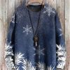 Men DJ Print Sweater | Autumn And Winter Snowflake Print Casual Knitted Round Neck Pullover Sweater Navy