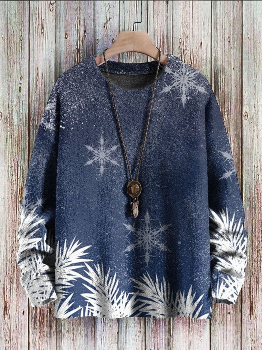 Men DJ Print Sweater | Autumn And Winter Snowflake Print Casual Knitted Round Neck Pullover Sweater Navy