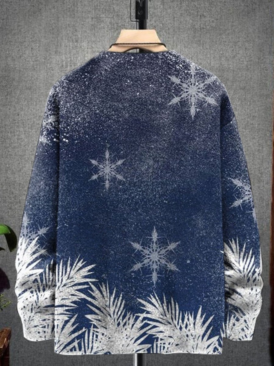 Men DJ Print Sweater | Autumn And Winter Snowflake Print Casual Knitted Round Neck Pullover Sweater Navy