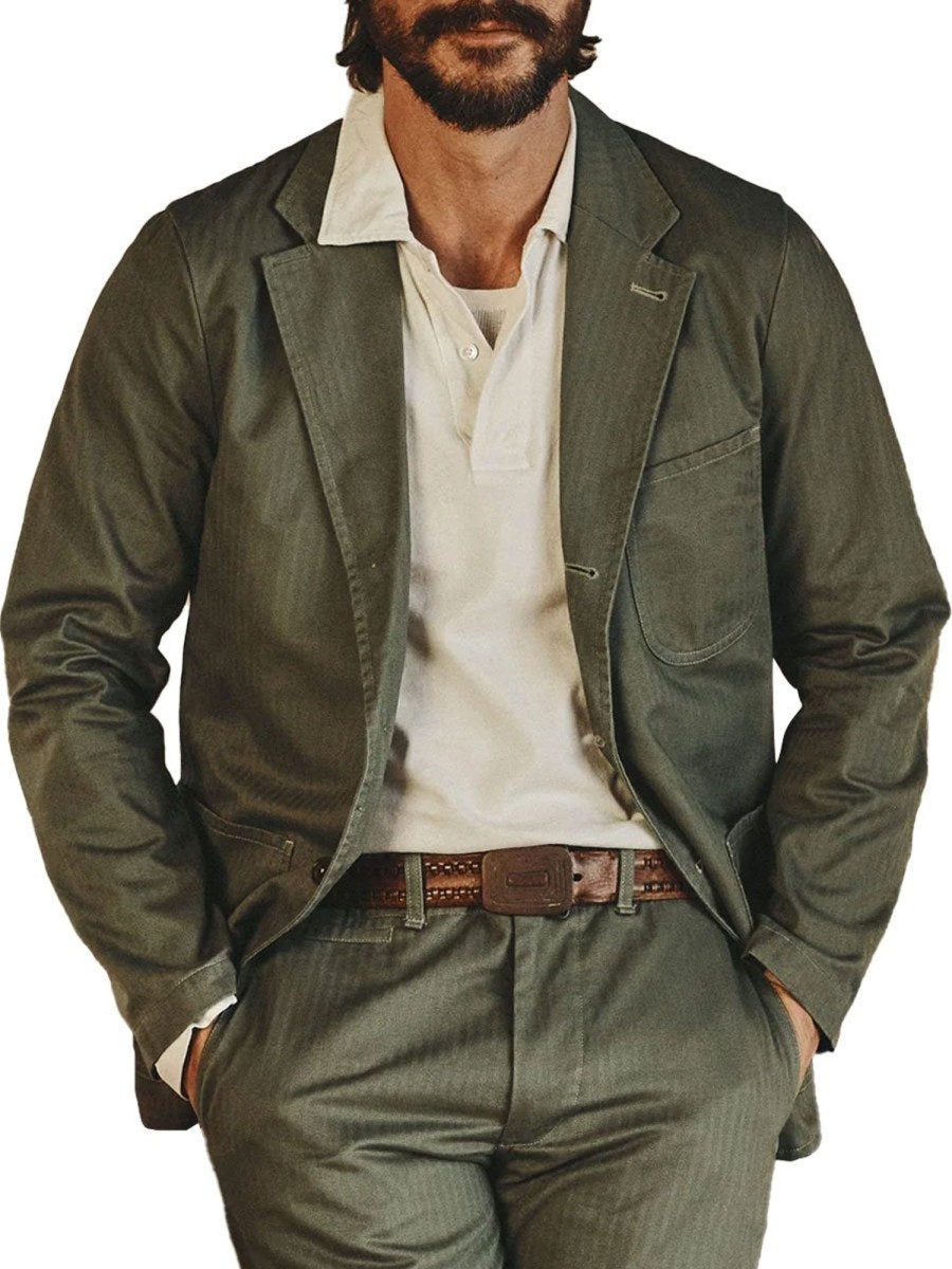 Men BXL Jacket | Retro Multi-Pocket Lapel Solid Cotton Casual Blazer Army Green