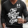 Men BXL Print Sweater | Men'S Casual Stop Thinking Start Doing V-Neck Pullover Sweater 55328954Xl Black