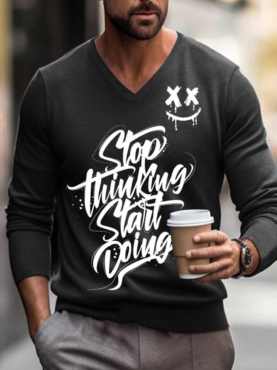 Men BXL Print Sweater | Men'S Casual Stop Thinking Start Doing V-Neck Pullover Sweater 55328954Xl Black