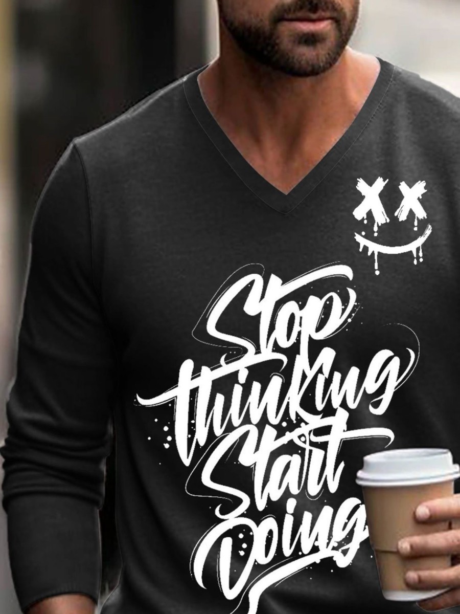 Men BXL Print Sweater | Men'S Casual Stop Thinking Start Doing V-Neck Pullover Sweater 55328954Xl Black