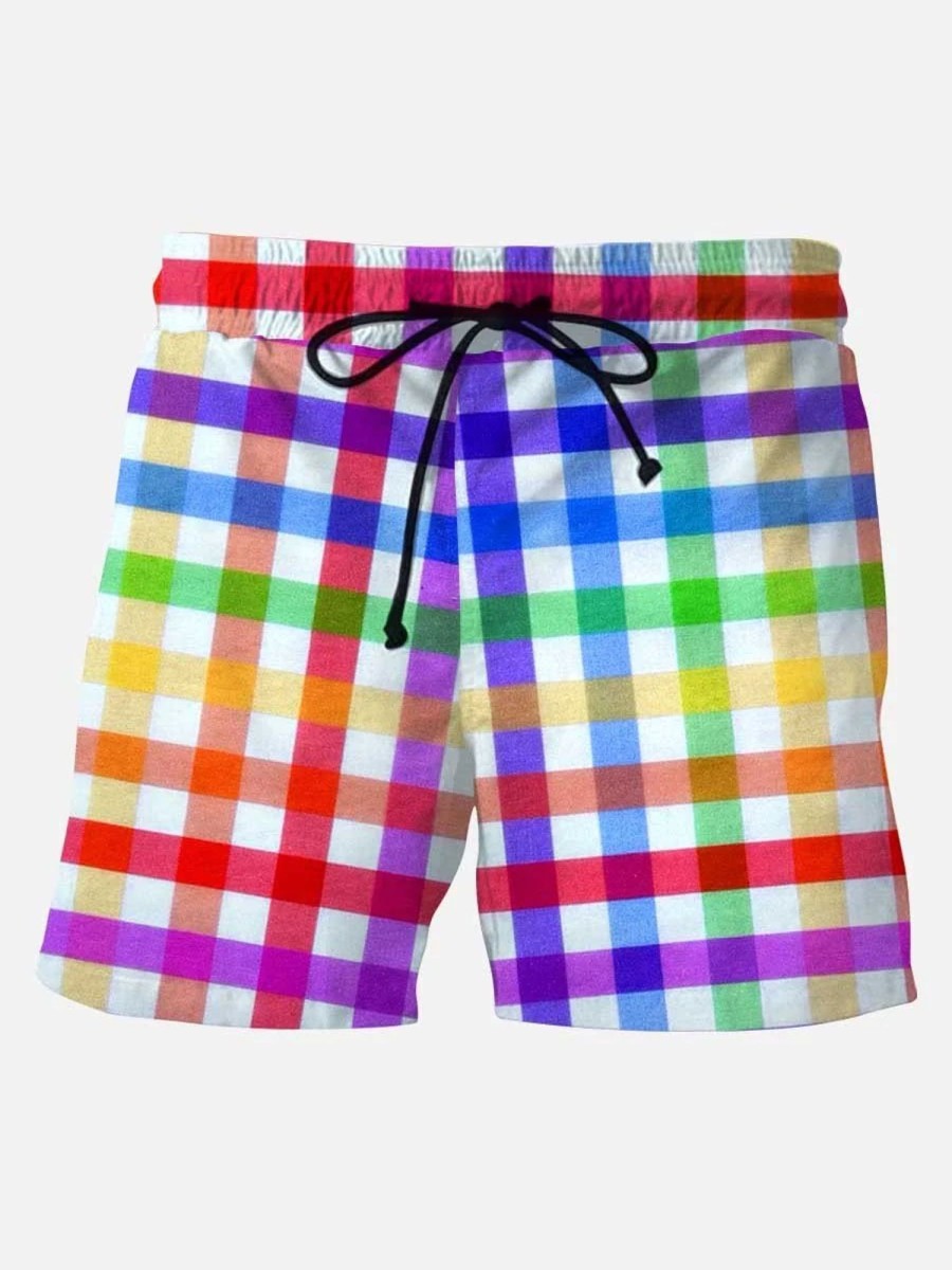 Men DJ Bottoms | Men'S Rainbow Plaid Print Casual Hawaiian Beach Board Drawstring Shorts Photo Color