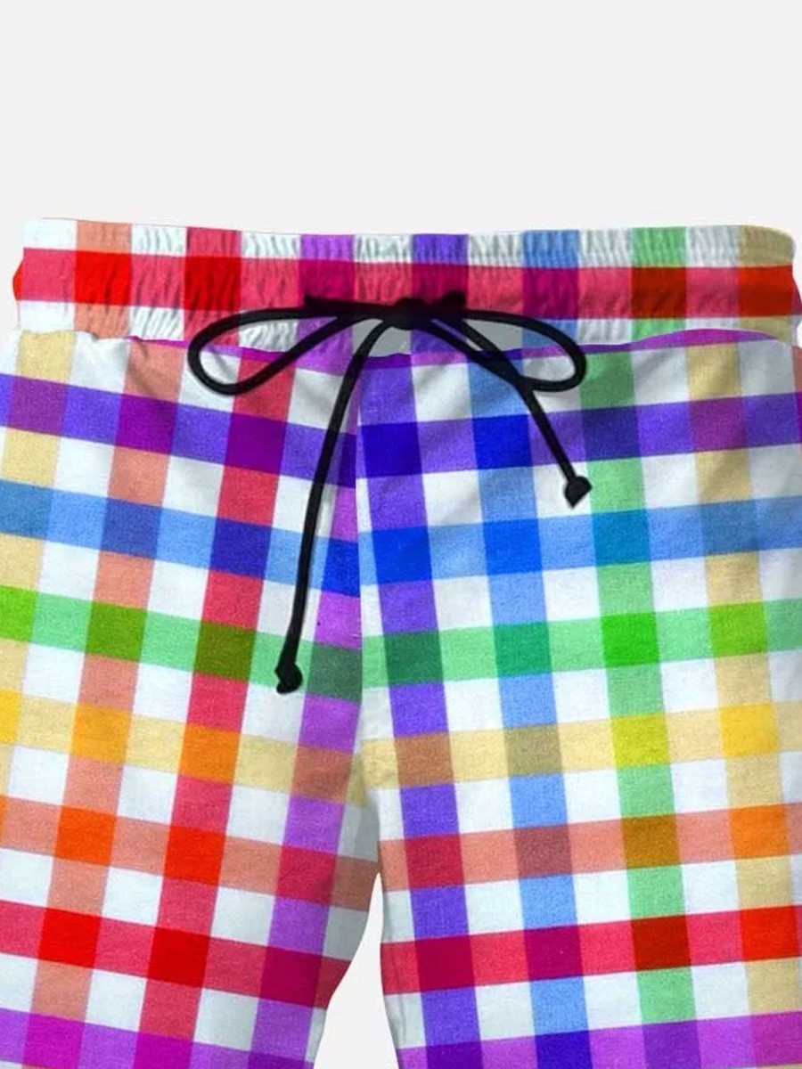 Men DJ Bottoms | Men'S Rainbow Plaid Print Casual Hawaiian Beach Board Drawstring Shorts Photo Color