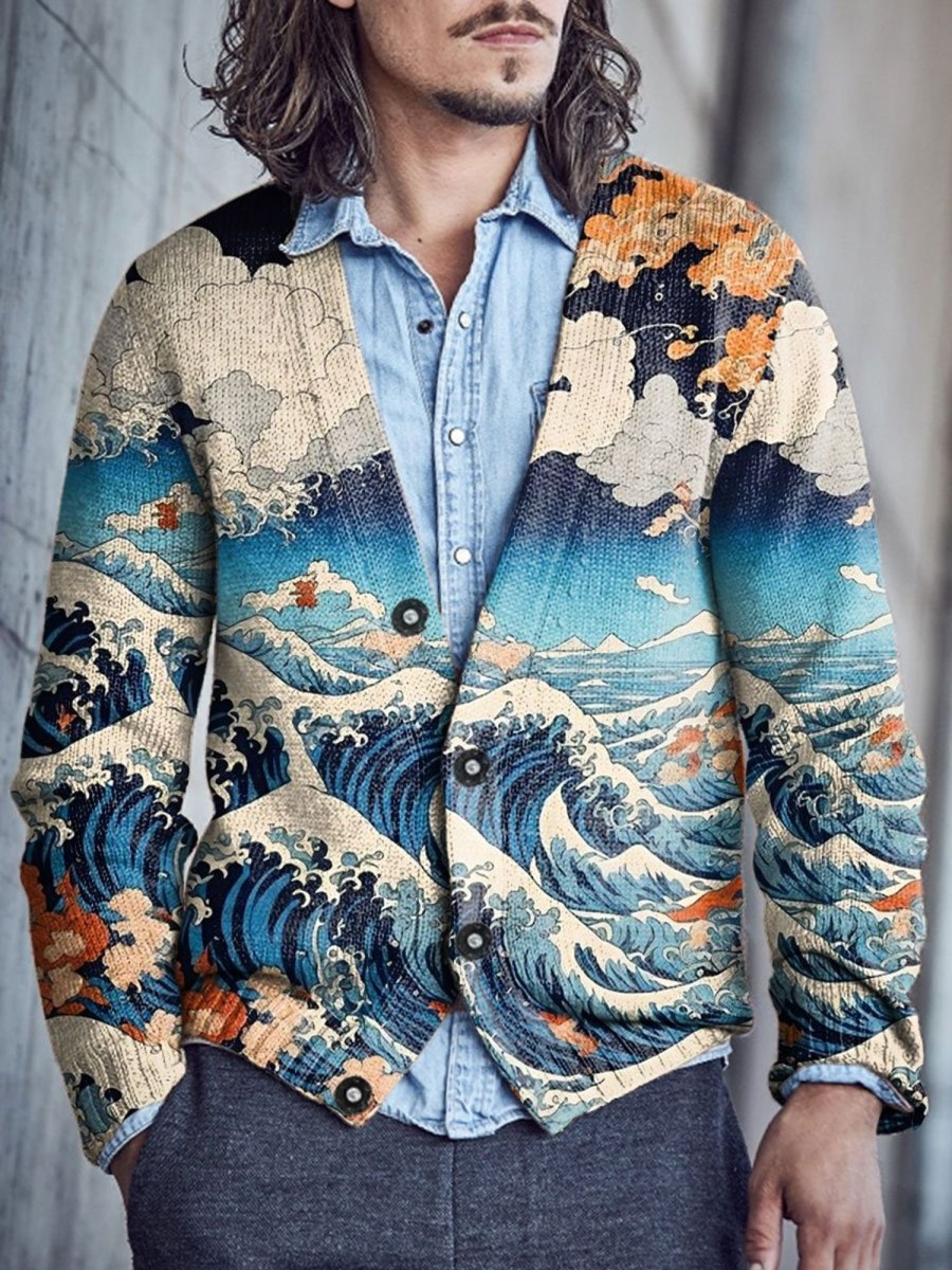 Men BXL Print Cardigan | Men'S Casual Colorful Wave Single-Breasted V-Neck Knitted Cardigan Blue