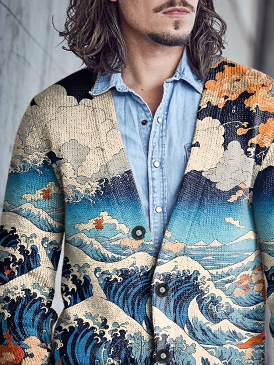 Men BXL Print Cardigan | Men'S Casual Colorful Wave Single-Breasted V-Neck Knitted Cardigan Blue