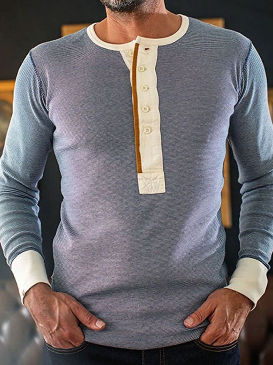 Men BXL Casual Shirts | Men'S Half Round Neck Casual Color Block Long Sleeve T-Shirt Blue Gray