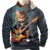 Men DJ T-Shirts | Rock Cat Print Velvet Stand Collar Zipper Pocket Casual Sweatshirt Photo Color