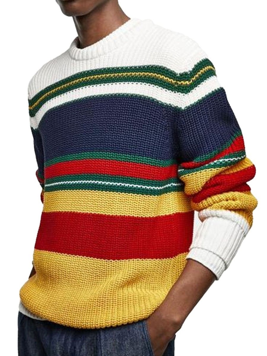 Men DJ Sweater | Rainbow Striped Casual Crew Neck Knitted Pullover Sweater Photo Color